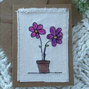 Handcrafted Fabric Stitched Greeting Card Floral Hand Painted Pink Purple